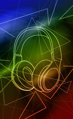 Neon DJ headphones. Vector illustration of a minimalistic set of geometric elements and headphones in neon light for a party. Template for creativity.