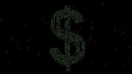 Beautiful illustration of dollar symbol with matrix code on plain black background