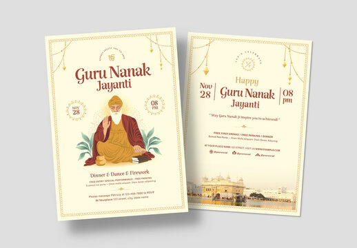 Guru Nanak Flyer Layout for Sikh Festival Event in Indian Theme