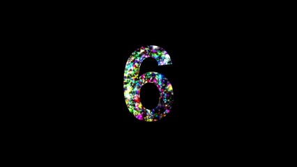 Beautiful illustration of number 6 with colorful glitter sparkles on plain black background