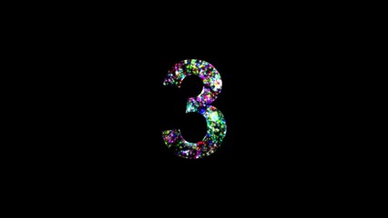 Number 3 with colorful glitter sparkles on plain black background