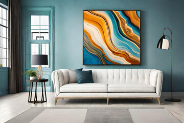 Marble abstract acrylic painting in the interior of the room. Marbling artwork texture.