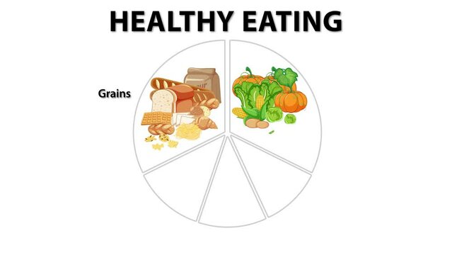 Science education pie chart showing healthy eating portion of each food type for human need
