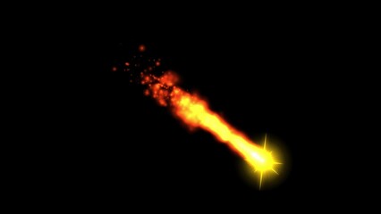 Beautiful illustration of falling star with fire tail on plain black background