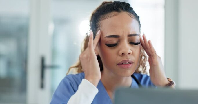 Nurse, doctor and headache or stress on computer for healthcare results, online mistake and crisis or error. Medical worker or african person with anxiety, pain and sad for wrong data or clinic fail