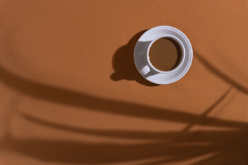 Coffee and cookies on brown background with plant shadow, aesthetic morning background concept
