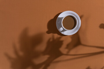 Coffee and cookies on brown background with plant shadow, aesthetic morning background concept
