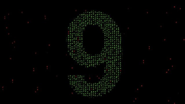 Beautiful illustration of number 9 with matrix code on plain black background
