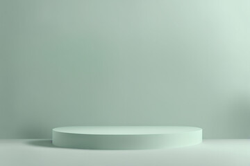 Clean blank light green colored background backdrop with round pedestal for product presentation