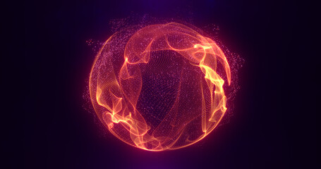 Abstract orange fire energy sphere of particles and waves of magical glowing on a dark background