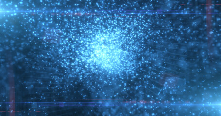 Naklejka premium Blue background of many blurred circles with bokeh effect of energy magical glowing particles and light lines abstract background