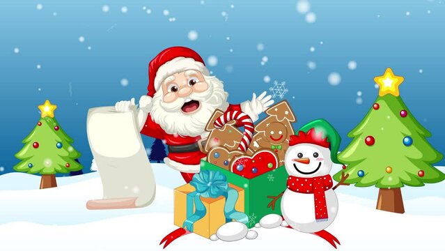 Cold winter outdoor landscape with snowflakes falling from the sky. Santa holding a paper roll with a gift box full of sweets.