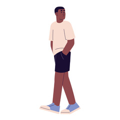 People walking in loneliness. Young black man wearing oversize clothing strolling with hands in pockets. Boy in casual outfit. Person in look in urban style. Flat isolated vector illustration on white