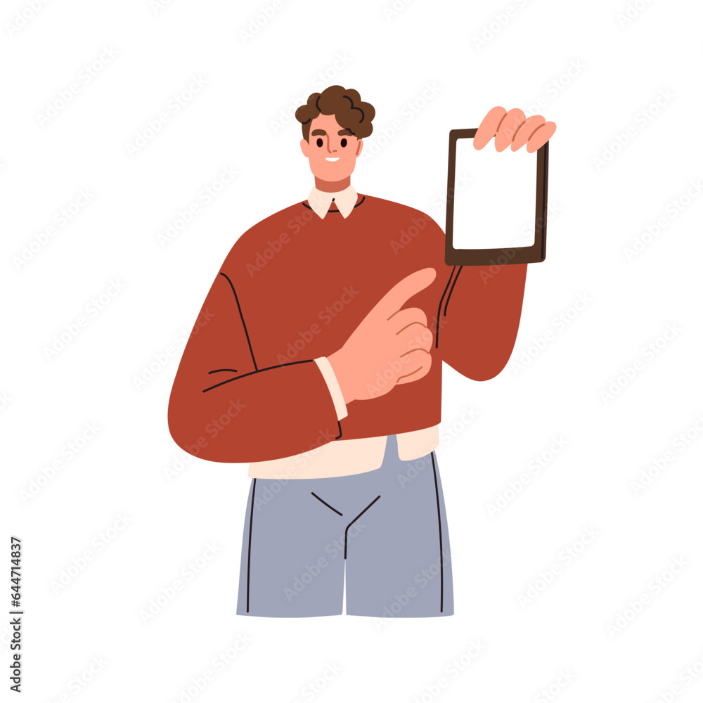 Poster person holding digital tablet computer in hand, showing blank screen. happy man advertising, pointin