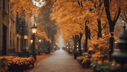 Fototapeta na wymiar Beautiful autumn alley. Beautiful street view.