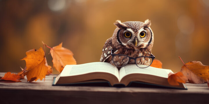 Cute wise owl with glasses and an open book
