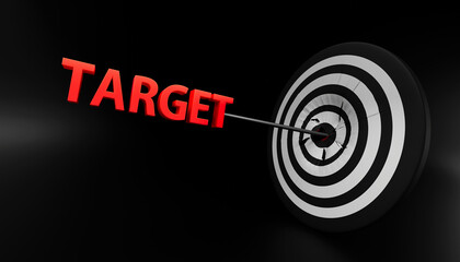 concept of strategy goal target business market. arrow hitting in the dart strategy target center of the archery dart target or bullseye on black strategy background. 3d render