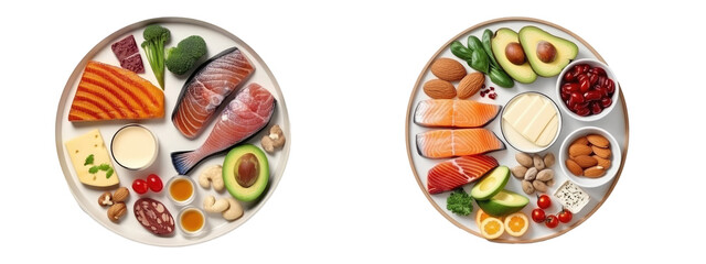 Top view of plate with keto diet isolated on transparent background . Generative AI