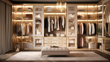 Luxurious walk in closet. A modern elegance of stylish storage, wardrobes, and shelves in a spacious indoor room, enhancing home interior and fashionable convenience - obrazy, fototapety, plakaty