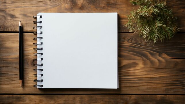 A white blank notepad with pages lies on a wooden table and copy space