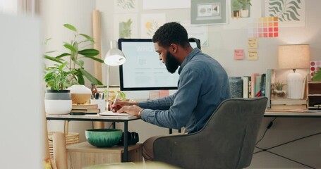 Remote work, desk and a black man with a notebook for planning of career goals, target or ideas for a project. Creative, home and an African male journalist writing for deadline inspiration or notes
