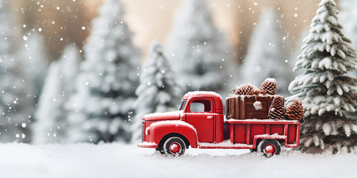 red truck in snow,,,,
Toy pickup car carrying Christmas tree stock photo,,,,,
Red car and christmas tree stock photo