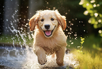 Cute Golden Retriever puppy playing with garden sprinkler water