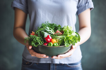 Woman  holding bowl with fresh salad - Powered by Adobe