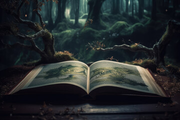 Open Book ion a table on a dark fairy forest background. Magic Book. Fairy tale book. Book of Nature. Fantastic reading world. Reading and imagination concept