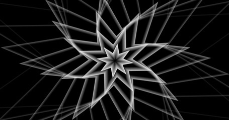 Infinite generating star polygon flower on a futuristic colorful stylish bg. Kaleidoscopic Star Pattern endless flower simulation starburst.