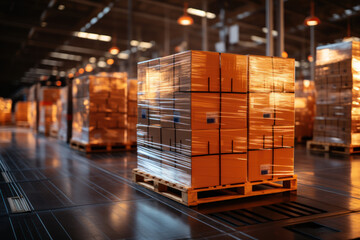 Industrial warehouse stocked with boxes, pallets, and efficient storage solutions for distribution, shipping, and logistics management