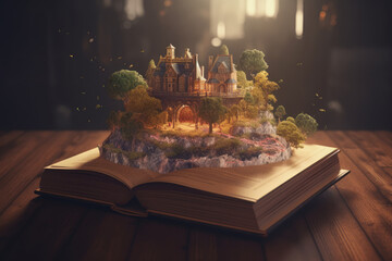 Open book and Fairy Town. Fairy Tale Book. Fairyland book with a fairy kingdom or castle in magical forest. Fantastic reading world. Reading and imagination concept - obrazy, fototapety, plakaty