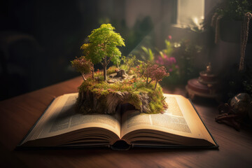 Magic Book. Fairy tale book on a table. Book of fairy forest. Fantastic reading world. Reading and imagination concept