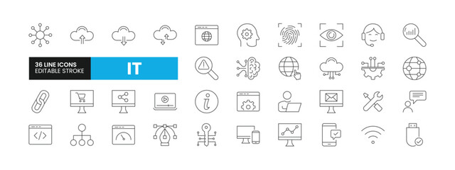 Set of 36 Information Technology line icons set. IT outline icons with editable stroke collection. Includes Computer, Link Building, Page Optimization, Analytics, Cloud Computing and More.