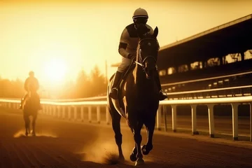 Rolgordijnen Silhouette of jockey and his horse , Horse races at stadium , Created with Generative Ai Technology © Atchariya63