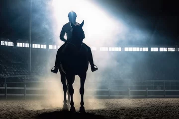 Türaufkleber Silhouette of jockey and his horse , Horse races at stadium , Created with Generative Ai Technology © Atchariya63