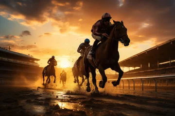 Foto op Aluminium Silhouette of jockey and his horse , Horse races at stadium , Created with Generative Ai Technology © Atchariya63