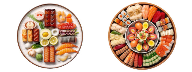top view a plate various sushi isolated on transparent backgrounds . Generative AI