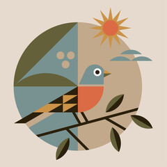 bird on tree in a simple colorful modern flat style