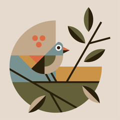 bird on tree in a simple colorful modern flat style