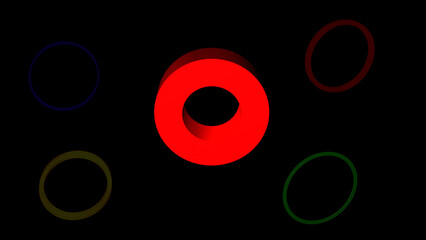 3D geometric shapes of a red circle on a black background. Mathematical concepts, 3d rendering, and shapes