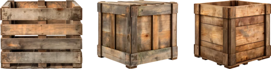Foto op Canvas Old weathered  wooden crate box set isolated on transparent background. Generative AI © mr_marcom