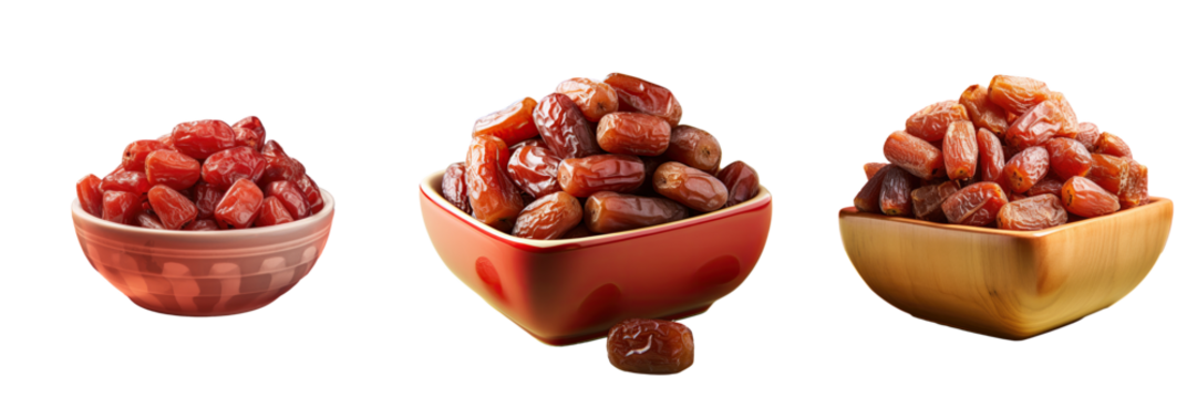 Big red dried jujubes in a square bowl set against a transparent background