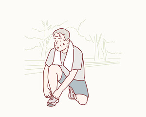 Sport old Man or Senior runner Tying Shoelaces getting ready jogging in park. Hand drawn style vector design illustrations.