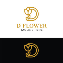 Luxury Letter D with Rose Tulip Flower for Fashion Beauty Spa Wellness Boutique Perfume Florist Logo Design Template