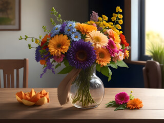 Elegant Floral Arrangement: Vibrant Flowers in a Wooden Vase on a Softly Lit Dining Table