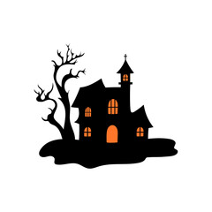 Haunted house with haunted trees Halloween vector illustration.