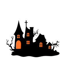 Haunted house with haunted trees Halloween vector illustration.