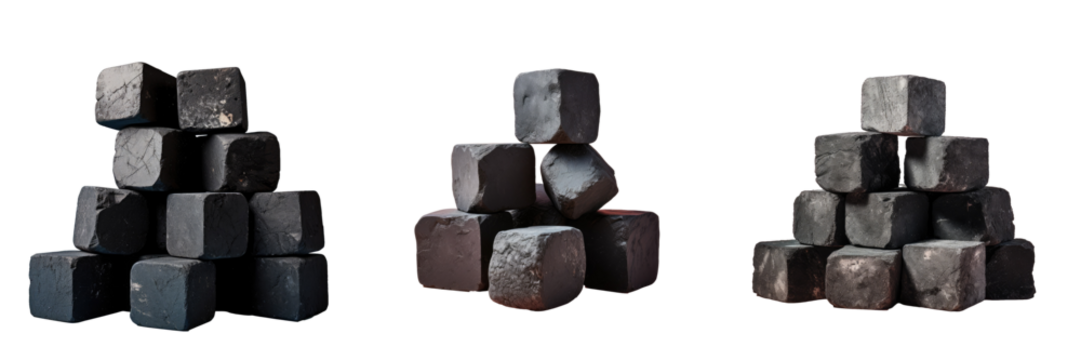 Charcoal cubes grouped isolated on a transparent background