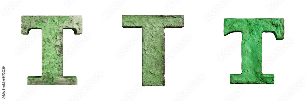 Poster a worn metallic green lowercase letter t with a rustic texture in a blocky font isolated on transpar